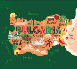 Decorative stylized map of Bulgaria with sights and symbols drawn in a flat style on a green background. Concept banner for travel, tourist guide, comic infographic poster. Cartoon vector illustration