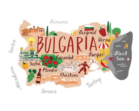 Decorative stylized map of Bulgaria with sights and symbols drawn in a flat style on a white background. Concept banner for travel, tourist guide, comic infographic poster. Cartoon ector illustration.