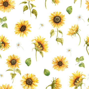 Watercolor sunflowers seamless pattern
