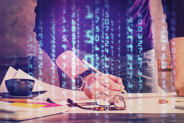 Writing Man hands with data theme multi exposure icons.