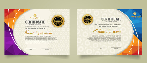 Set modern certificate template with triangle geometric polygon on circular lines ornate background