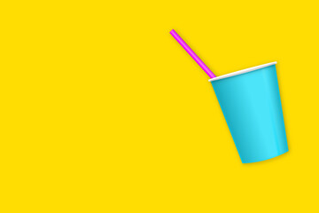 Cyan plastic cup with magenta straw isolated on yellow background 3D illustration