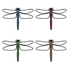 Dragonflies logos symbols icons signs set. A collection of an illustrations of dragonflies, isolated, pink, blue, green, orange colored, with simple transparent wings, outlined.