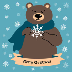 Vector flat illustration of a cartoon bear in a scarf with a snowflake. On a blue background with flakes of snow and the inscription: Merry Christmas! New-year/ Christmas card, print, web