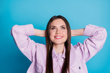Closeup photo of attractive lady hold hands behind head toothy smile resting little nap free time...