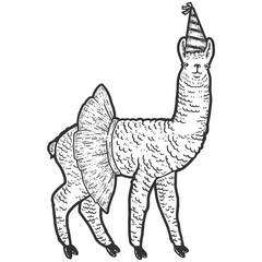 Animal llama, in a skirt and a birthday cap. Sketch scratch board imitation. © toricheks