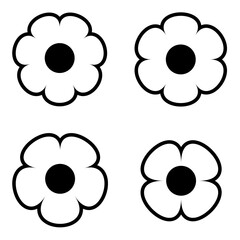 Simple black and white flower icon symbol logo set. A simple minimalist elements set, black and white flowers, isolated, mostly white with an outline.