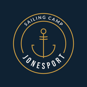 Nautical label with anchor. Marine or sea emblem. Sailing camp sign. Vector illustration. 