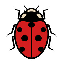 Ladybug logo symbol icon sign with seven black spots. An illustration of a ladybug, isolated, mostly red and black colored, simple style, outlined.