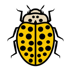 Ladybug logo symbol icon sign with twenty two black spots. An illustration of a ladybug, isolated, mostly black and yellow colored, simple style, outlined.