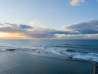 Aerial view of empty Merewether Ocean Bath in the morning, Newcastle, Australia.