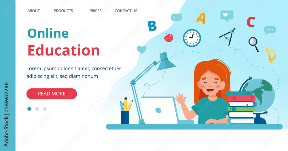 Poster online learning template with girl studying with computer. vector illustration in flat style