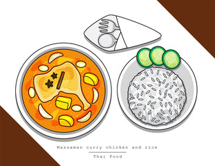 Illustration vector isolated doodle line style dish of Thai food top view on table at restaurant Thailand. Bowl of Massaman curry chicken coconut soup and plate on rice with fork and spoon