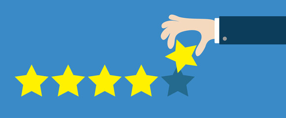Custumer review satisfaction review. Five star rating selection system. Human hand finger put estimate. 5 Golden stars. Businessman hands pointing. Flat design. Blue background. Isolated.