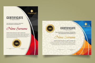 Set modern certificate template with triangle geometric polygon on circular lines ornate background