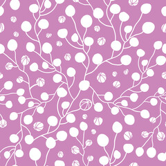 Floral dots and branches purple white silhouette seamless pattern background