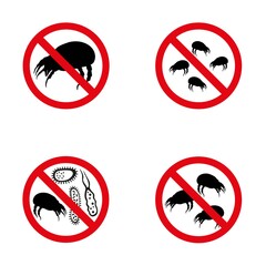 Set of vector warning signs about dust mites parasites. Secure your home. Dangerous, cause allergies and hives.