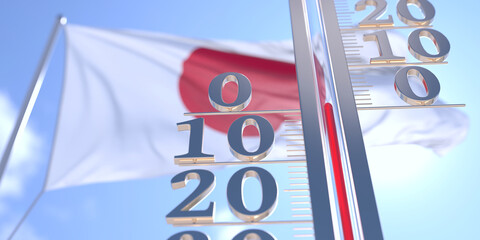 Thermometer shows 0 zero air temperature near waving flag of Japan. Weather forecast conceptual 3D rendering