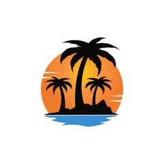 Fototapeta na wymiar Holidays and tourism vector logo design. Beach sun and palm tree vector logo. Travel and tourism sign. Vector logo design for resort home stay hospitality business.
