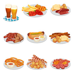 Festive Food for Oktoberfest Celebration with Grilled Sausages and Pretzel Rested on Plates Vector Set