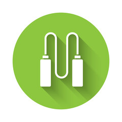 White Jump rope icon isolated with long shadow. Skipping rope. Sport equipment. Green circle button. Vector Illustration.