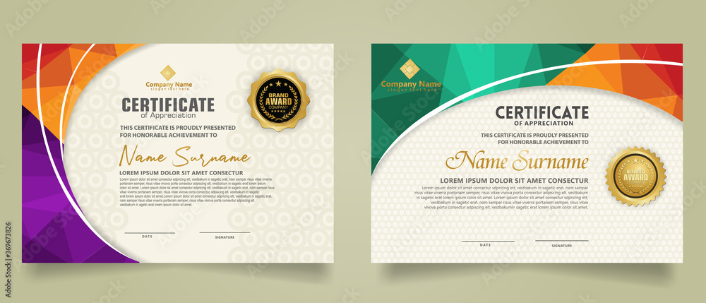 Wall mural set modern certificate template with triangle geometric polygon on circular lines ornate background