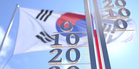 Thermometer shows 0 zero air temperature near flying flag of South Korea. Weather forecast conceptual 3D rendering