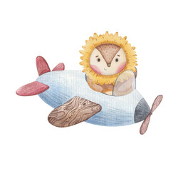 little cartoon lion with mane flies in an airplane, illustration for childrens design watercolor