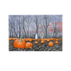 Hand painted watercolor halloween card Pumpkin field and ghosts
