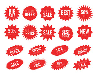Red sale starburst sticker set - collcetion of stared round and oval labels and badges with best offer and discount sign - obrazy, fototapety, plakaty