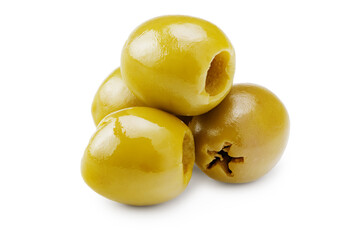 green marinated olives isolated on white background