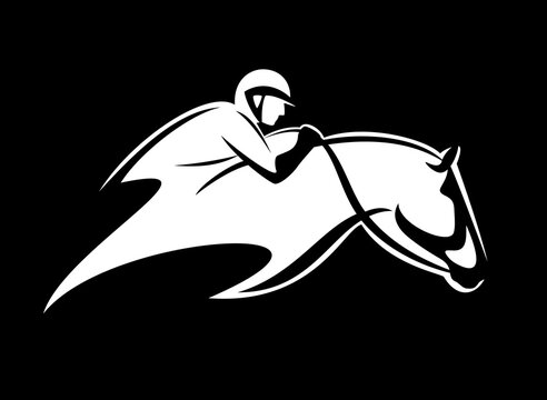 recommend clip art: jockey riding racing horse - equestrian sport black and white vector outline emblem
