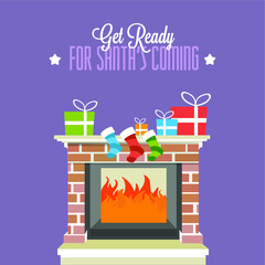 Christmas fireplace with gifts and sock on purple background