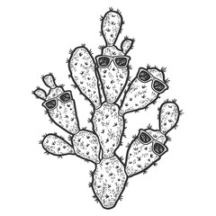 Plants, cactus with glasses. Sketch scratch board imitation.