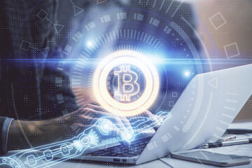 Blockchain theme hud with man working on computer on background. Concept of crypto chain. Double exposure.