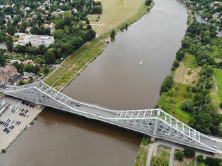 Aerial view of Loschwitz Bridge (blue wonder), a cantilever truss bridge over the river Elbe which connects the city districts Loschwitz and Blasewitz in Dresden, Saxony, Germany.