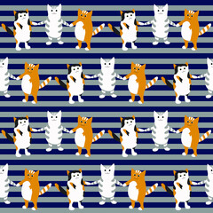 Seamless pattern with funny cartoon cats on striped background