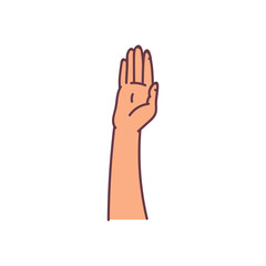 Raised human hand icon in sketch style, cartoon vector illustration isolated.