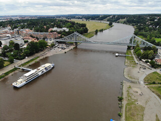 Aerial view of Loschwitz Bridge (blue wonder), a cantilever truss bridge over the river Elbe which connects the city districts Loschwitz and Blasewitz in Dresden, Saxony, Germany.