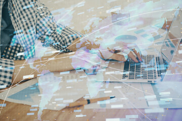 Businessman working on Laptop with technology theme drawing. Concept of big data. Double exposure.