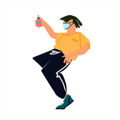 Young man in mask dancing with spray sanitizer. Hand and respiratoty hygiene concept. Antiseptic alcohol rub ad. Covid-19 awareness concept. Vector illustration in flat style