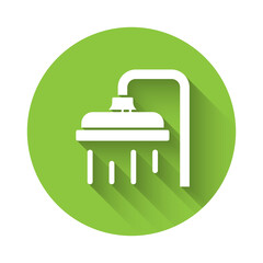 White Shower head with water drops flowing icon isolated with long shadow. Green circle button. Vector Illustration.
