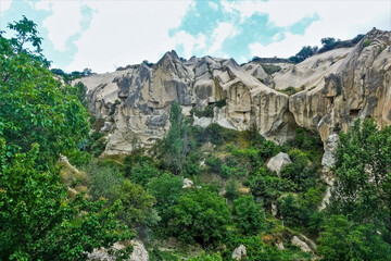 Fototapeta premium Unique Cappadocia. Caves, the dwellings of ancient people, have been cut in the white rocks. Around the bright summer green trees. Blue sky with white clouds. Turkey.