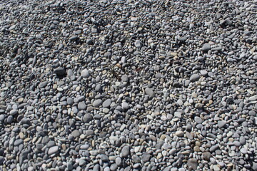 Pebble beach of the black sea. Lots of gray little rocks on the beach