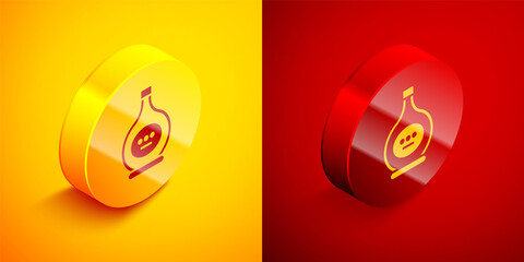 Isometric Bottle of cognac or brandy icon isolated on orange and red background. Circle button. Vector Illustration.