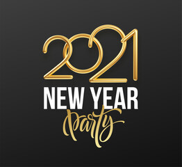 Realistic gold metal inscription 2021. Gold calligraphy New Year lettering. Design element for advertising poster, flyer, postcard. Vector illustration