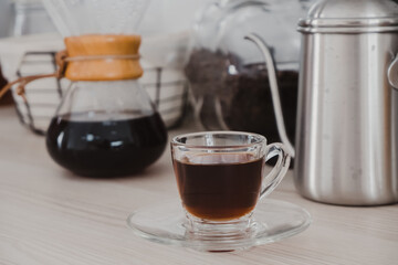 Hot black coffee is ready to drink.