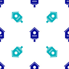 Blue Bird house icon isolated seamless pattern on white background. Nesting box birdhouse, homemade building for birds. Vector Illustration.
