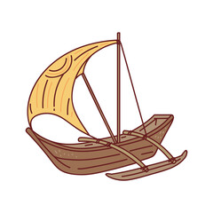 Fototapeta premium Brown wooden boat with yellow sail isolated on white background