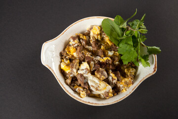 Fried Egg with Fried Meat. Breakfast table.